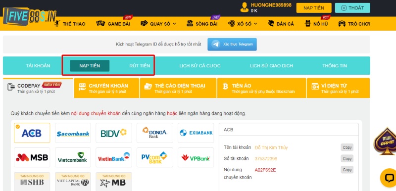 Các quy định về việc nạp tiền cũng như rút tiền tại Five88