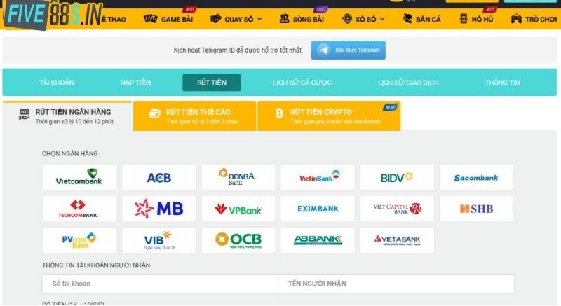 Hướng Dẫn Rút Tiền Five88 Đơn Giản Dành Cho Tân Binh Chỉ Vài Giây 2 Hướng dẫn rút tiền Five88 bằng ngân hàng