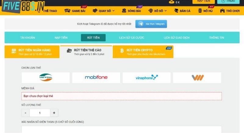 Hướng Dẫn Rút Tiền Five88 Đơn Giản Dành Cho Tân Binh Chỉ Vài Giây 3 Rút tiền Five88 bằng thẻ cào